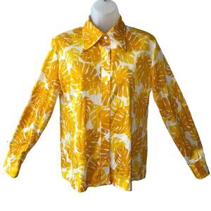 VINTAGE 70s Alex Colman Monstera Leaf Print Arnel Triacetate Blouse Size Medium